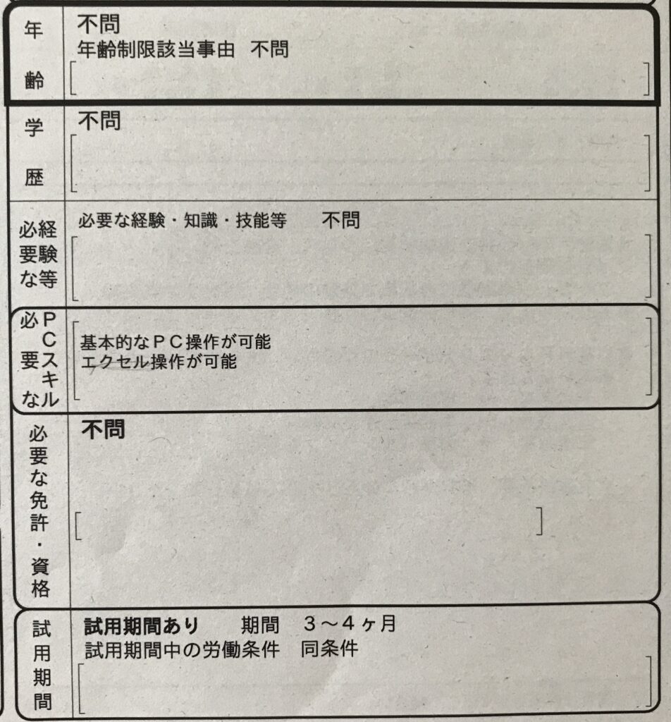 年齢や学歴、経験不問の実際のハローワークの求人票